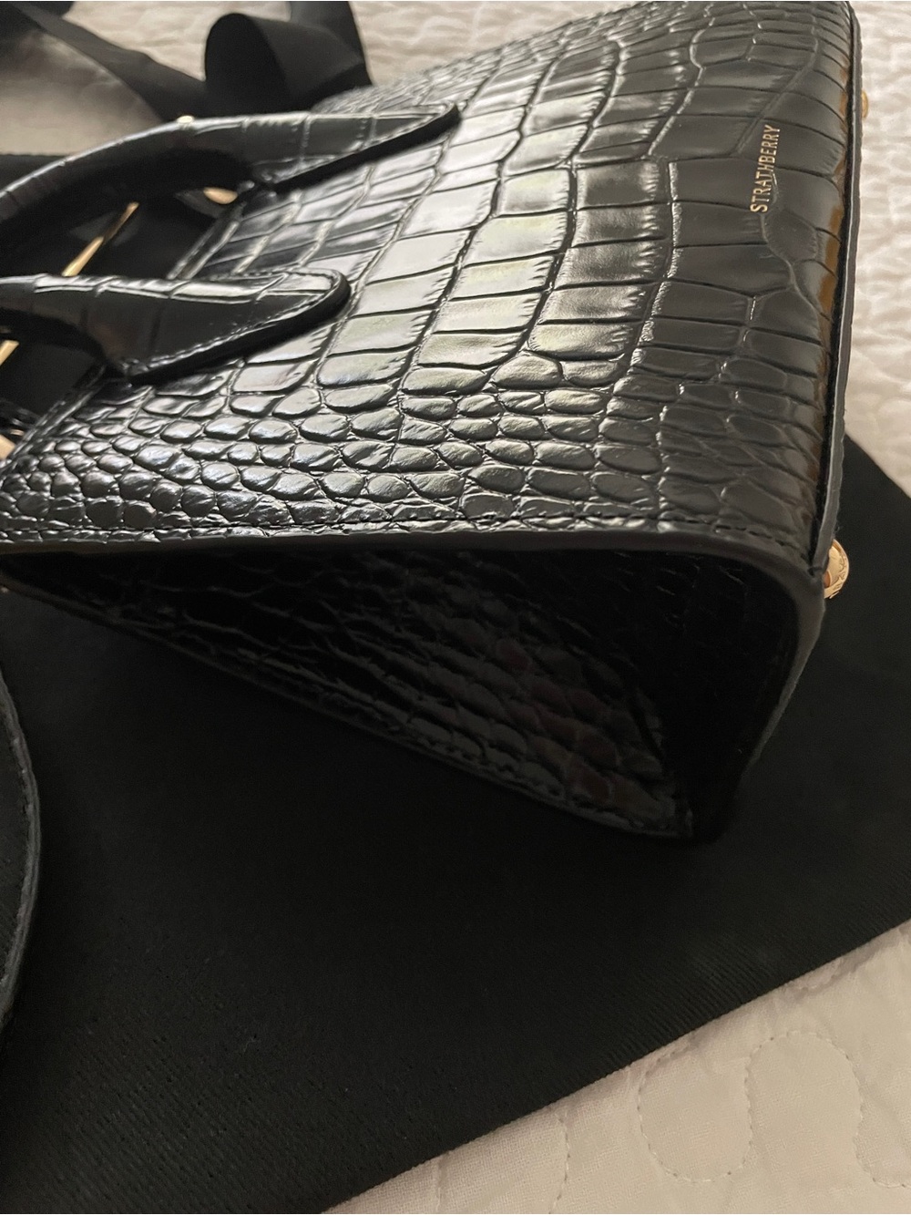 Strathberry Black Croc-embossed Nano Tote with Gold Chain - Picture 6 of 7